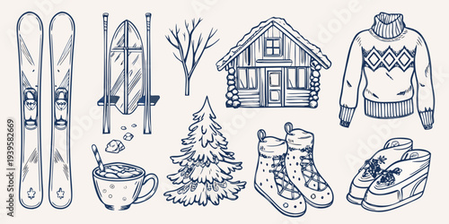 Winter themed sketch featuring skis cabin and cozy clothing items