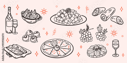 A colorful doodle illustration of various foods and celebratory elements
