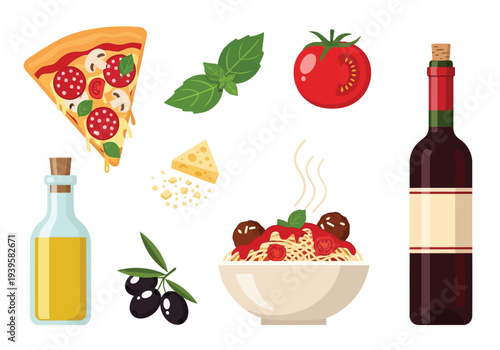 A vibrant collection of classic Italian food items includes a pizza slice, pasta, a bottle of wine, olive oil, fresh tomatoes, and basil leaves.