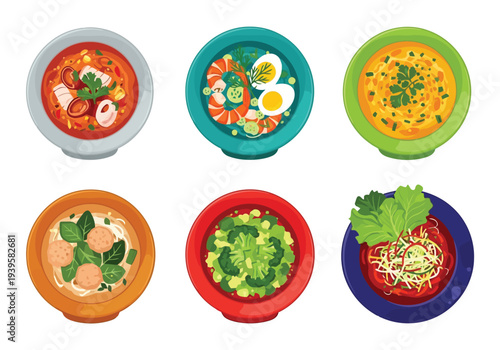 A vibrant assortment of six different colorful soup bowls, each filled with unique ingredients, is presented from a top-down view.