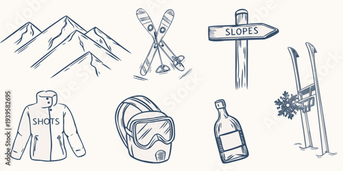 Sketch of winter sports equipment and mountainous scenery