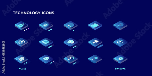 Isometric technology icons displayed on a dark blue gradient background