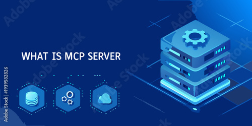 Isometric illustration depicts a server with glowing blue lights and icons