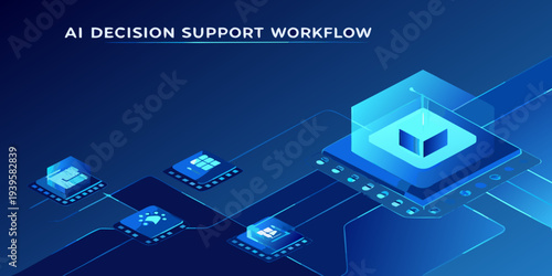 Ai decision support workflow represented with interconnected digital cubes