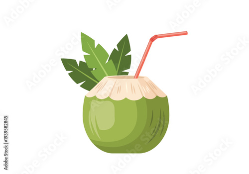A refreshing green coconut drink with a red straw and tropical leaves is presented on a white background.