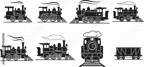 Collection of vintage steam locomotive silhouettes, railcar artwork, historical train design, industrial transport illustration, black and white railway set