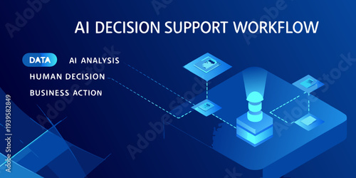 Ai decision support workflow data to action visualized in blue tones