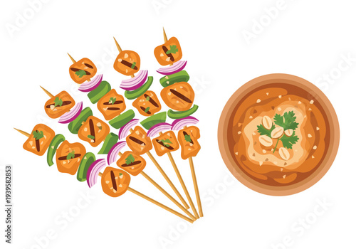 An illustration shows several grilled chicken satay skewers served alongside a rich bowl of peanut dipping sauce.