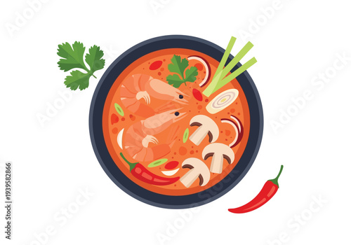 A vibrant bowl of spicy Tom Yum Goong soup with shrimp, mushrooms, and various herbs is beautifully illustrated.