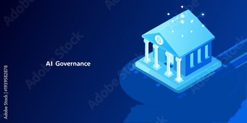 Isometric illustration depicting ai governance with a building structure
