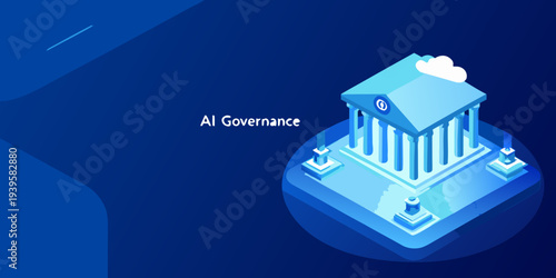 Isometric illustration depicting ai governance with a building and cloud