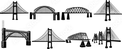 Collection of bridge silhouette designs, suspension, arch, truss, cable‑stayed structures, architectural engineering artwork, transportation illustration set