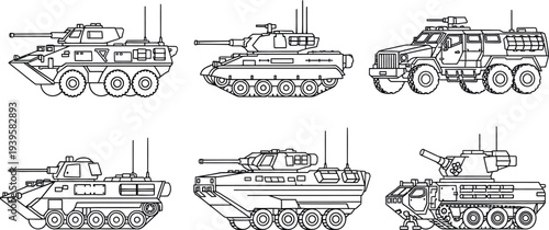 Collection of military vehicles line art featuring various armored tanks and army trucks ideal for defense-related infographics or game assets
