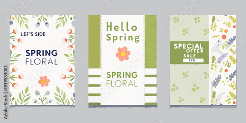 Colorful spring floral designs with promotional text and decorative elements