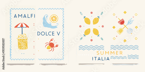 Amalfi dolce v summer italy themed postage stamp illustration design