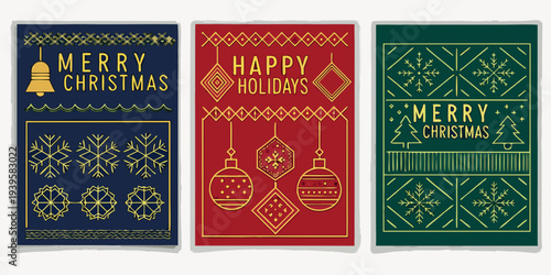 Three festive holiday cards with geometric patterns and seasonal greetings
