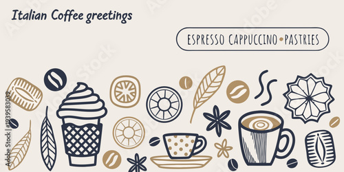 Italian coffee themed illustration with beans pastries and beverage items