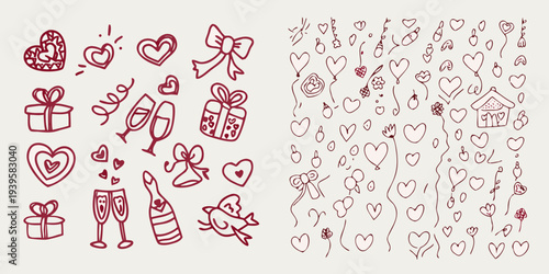 Hand drawn romantic doodles hearts gifts champagne and valentine s elements