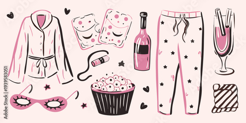 A cozy pink illustration featuring pajamas champagne and self care items