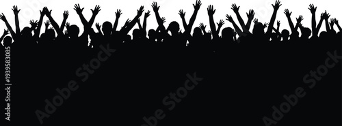 Silhouette of crowd with raised hands on white background black