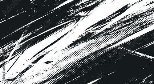 Black and white grunge background with abstract scratchy brush strokes and halftone dots