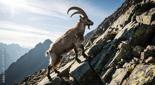 A mountain goat is climbing up a rocky mountain with a beautiful blue sky in the background.