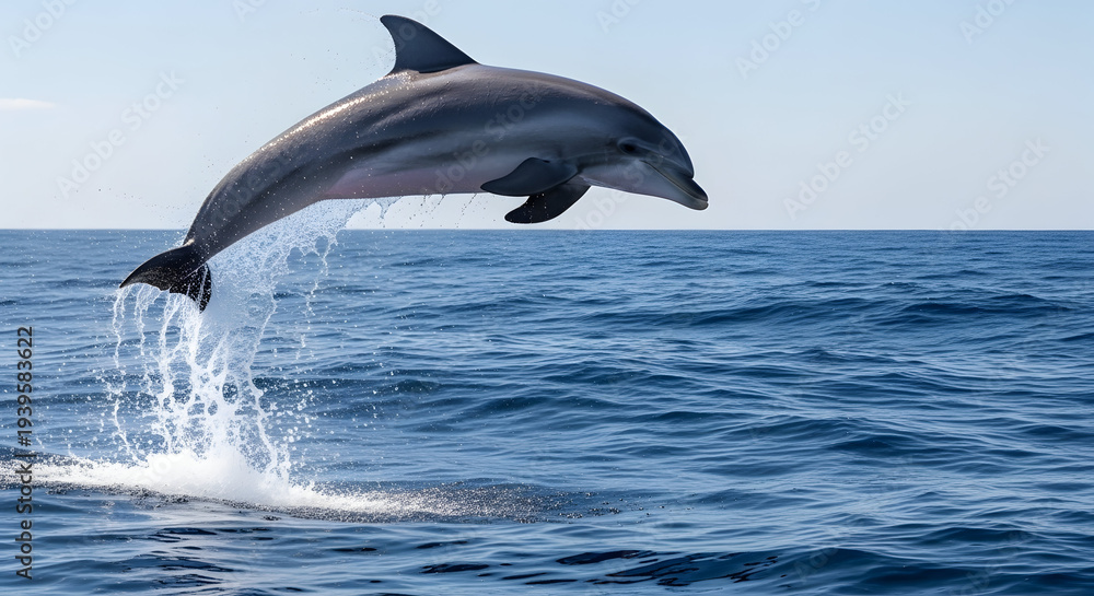 Fototapeta premium A dolphin jumping out of the ocean water on a clear day