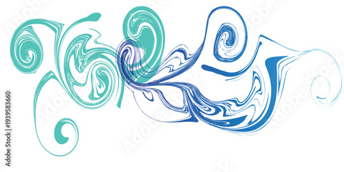 Dynamic Swirls of Blue and Teal Ink on White Background.