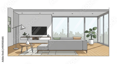 Modern Living Room Interior with Large Windows and Minimalist Decor.