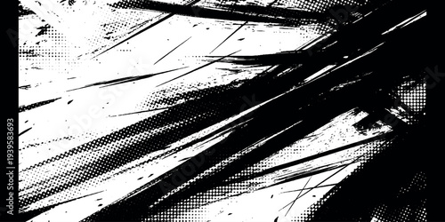 Abstract Grunge Brush Strokes with Halftone Dots Background in Black and White