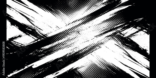 Abstract Monochrome Background with Energetic Brush Strokes and Halftone Effect