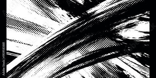Canvas Print Abstract black and white graphic with bold brush strokes and halftone dots for g