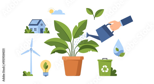 Sustainable Living & Eco-Friendly Concepts: Renewable Energy, Nature Care, Water Conservation, Recycling. Environmental Protection Illustration.
