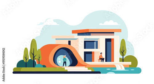 Modern Luxury Villa Illustration with Contemporary Architecture, Lush Landscape, Waterfall, and Relaxing Lifestyle