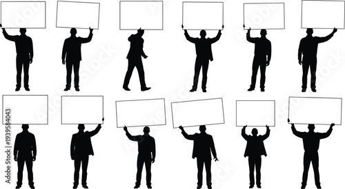 Silhouettes of businesspeople holding blank signs white background