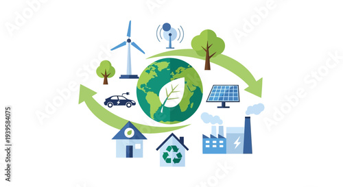Sustainable Future: Global Green Energy Cycle, Eco-Friendly Living & Environmental Protection Icons