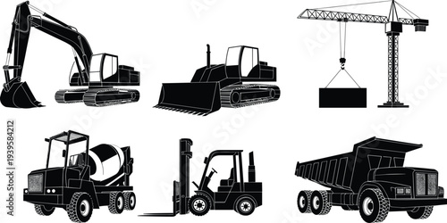 Comprehensive transportation silhouette collection featuring airplanes, steam trains, cargo ships, hot air balloons, delivery vans, bicycles, and passenger rail cars for logistics design.