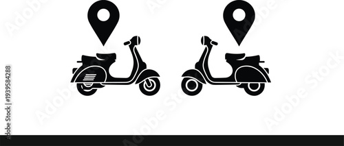 Scooter location icon set, delivery scooter with map pin, urban transport navigation symbol, motor scooter location service vector illustration