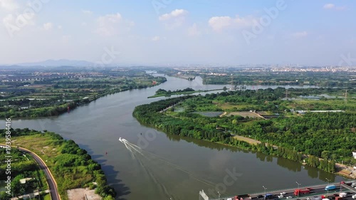 Wallpaper Mural Aerial View of Pearl River, Guangzhou with Green Islands and City Skyline Torontodigital.ca