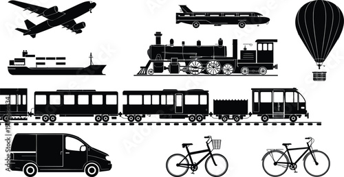 Comprehensive transportation silhouette collection featuring airplanes, steam trains, cargo ships, hot air balloons, delivery vans, bicycles, and passenger rail cars for logistics design.