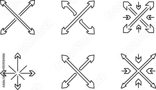 Collection of minimalist line art arrow icons representing movement resizing and expansion ideal for UIUX design web elements and interactive applications