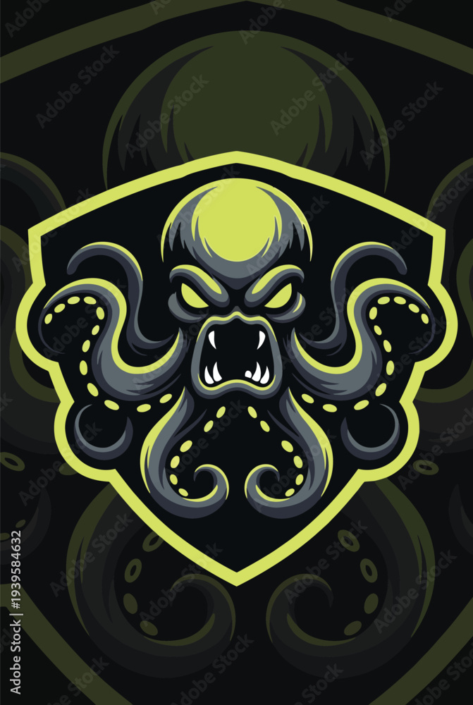 Fototapeta premium Vector octopus head shield logo, yellow and gray
