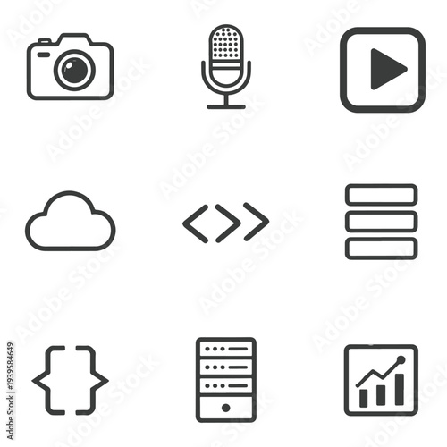 Minimal Line Icons Set for Media, Technology and Web Interface Featuring Camera, Microphone, Cloud and Server Symbols.