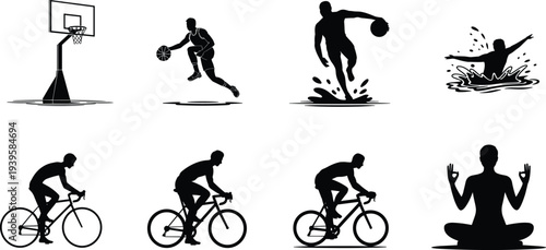 Dynamic sport and fitness silhouette collection featuring basketball players, swimmers, road cyclists, and yoga practitioners for healthy lifestyle graphics.