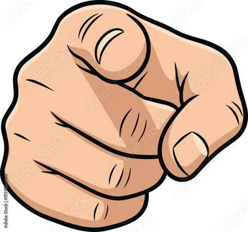 Cartoon Human Hand Pointing Finger Directly Forward At Viewer In Command Or Selection Gesture Isolated On White Background For Marketing Call To Action.