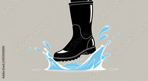 Black Rubber Boot Splashing Water in Puddle.