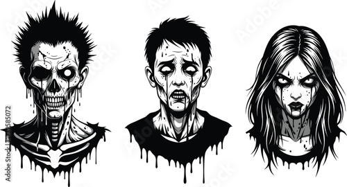 Black and White Ink Drawing of Three Undead Zombie Portraits for Halloween Design Grungy Horror Heads with Dripping Liquid Effect and Creepy Undead Faces Isolated