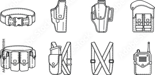 Outline vector icons of military and tactical gear featuring essential soldier equipment like holsters belts and radios ideal for uniform design or survival concepts