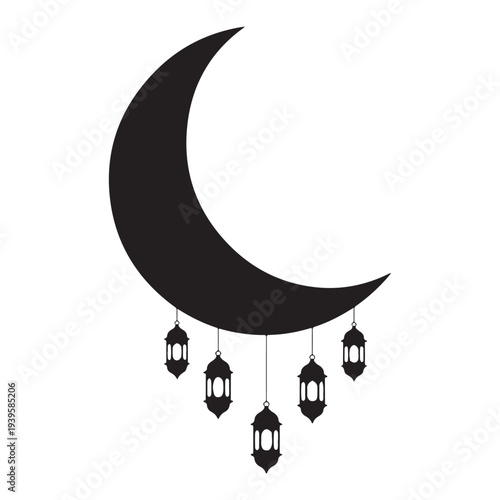 Crescent moon and lanterns silhouette isolated on white background for ramadan kareem design