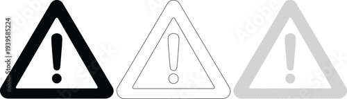 Warning signs with exclamation marks in black, line art, and halftone styles for alerts and notifications.
